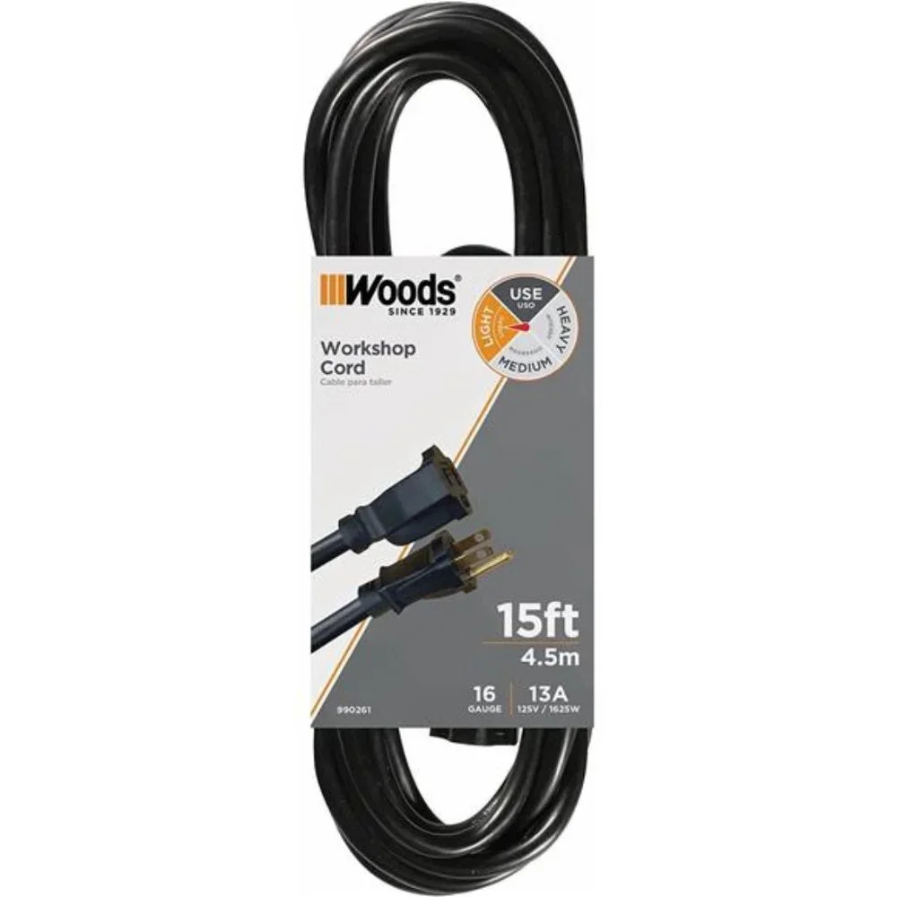 Woods Indoor Extension Cord, 15 Ft 16 Gauge 3 Prong,Garage & Workshop Power Cord